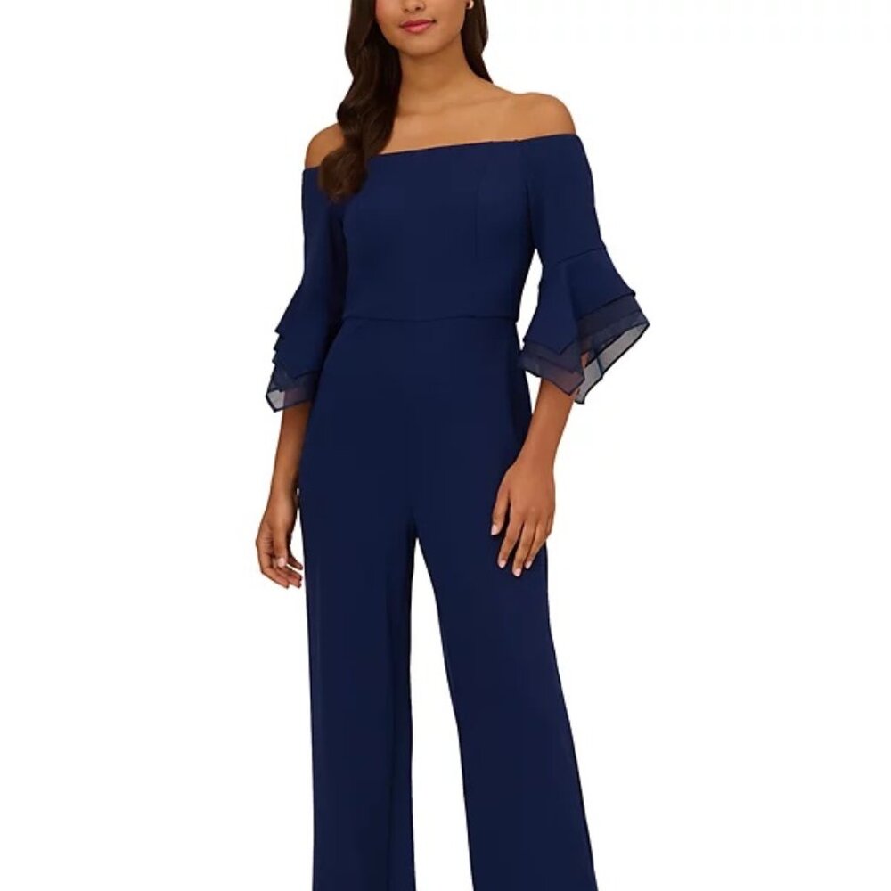 Adrianna Papell Organza Crepe Off The Shoulder Jumpsuit Navy Satin Size 4